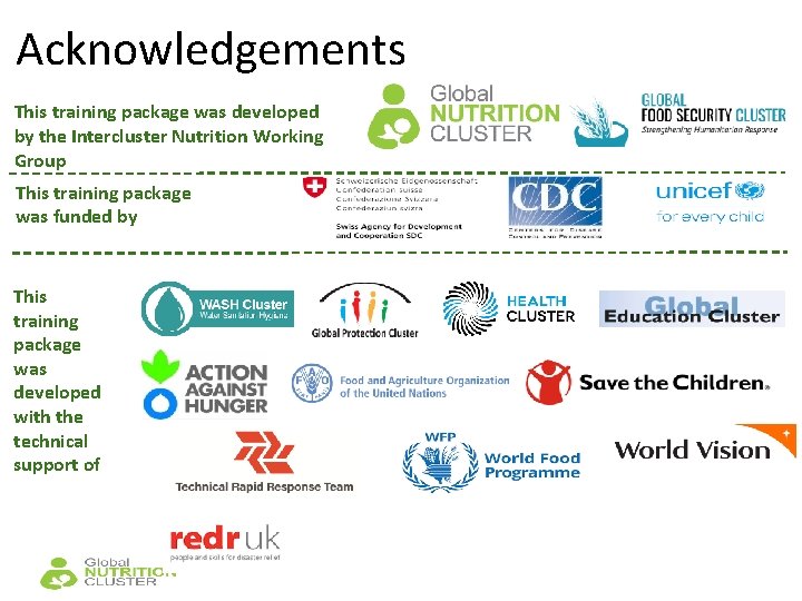 Acknowledgements This training package was developed by the Intercluster Nutrition Working Group This training