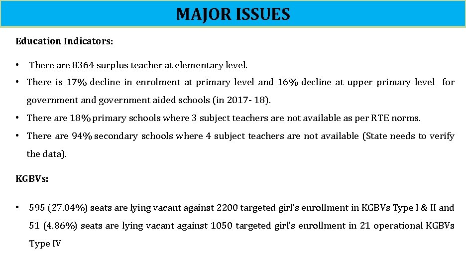 MAJOR ISSUES Education Indicators: • There are 8364 surplus teacher at elementary level. •