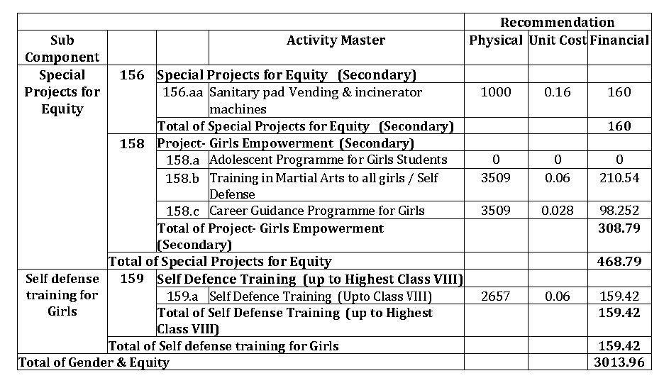 Sub Component Special Projects for Equity Activity Master 156 Special Projects for Equity (Secondary)