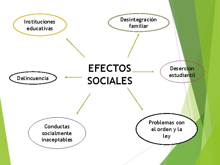 Instituciones educativas Delincuencia Conductas socialmente inaceptables Desintegración familiar EFECTOS SOCIALES Deserción estudiantil Problemas con