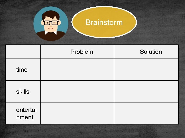 Brainstorm Problem time skills entertai nment Solution 