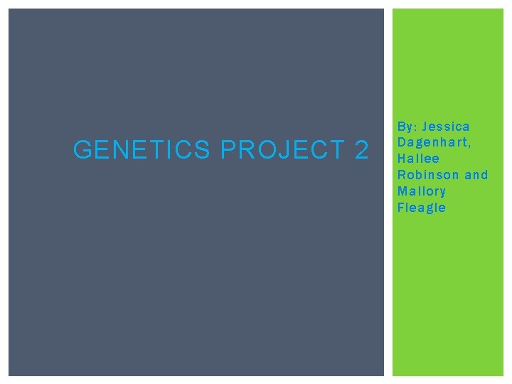 GENETICS PROJECT 2 By: Jessica Dagenhart, Hallee Robinson and Mallory Fleagle 