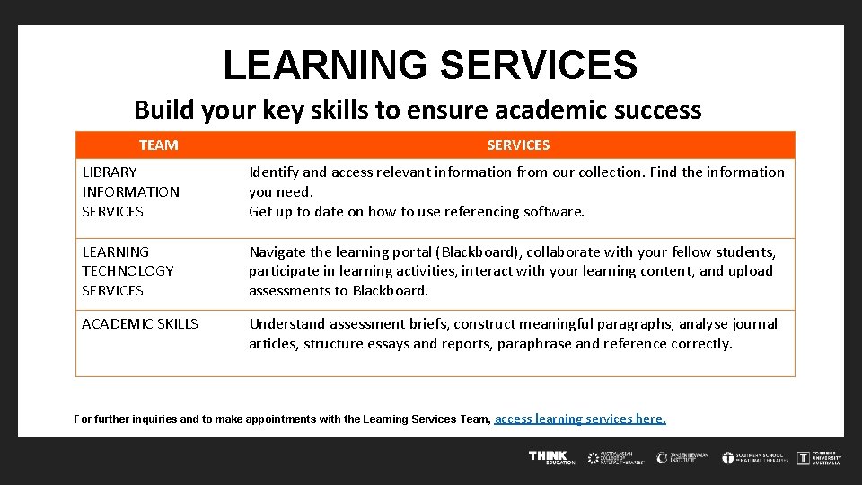 LEARNING SERVICES Build. LEARNING your key skills to SERVICES ensure academic success TEAM SERVICES