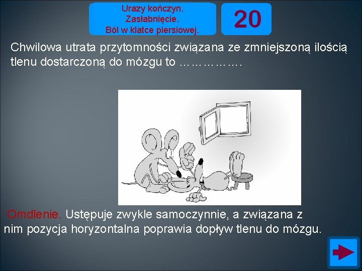 Urazy kończyn. Zasłabnięcie. Ból w klatce piersiowej. Chwilowa utrata przytomności związana ze zmniejszoną ilością