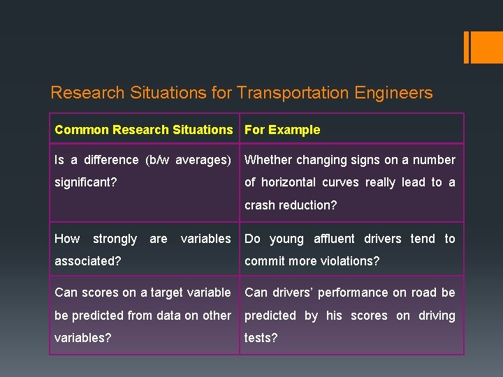 Research Situations for Transportation Engineers Common Research Situations For Example Is a difference (b/w