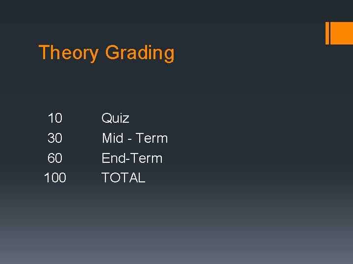 Theory Grading 10 30 60 100 Quiz Mid - Term End-Term TOTAL 