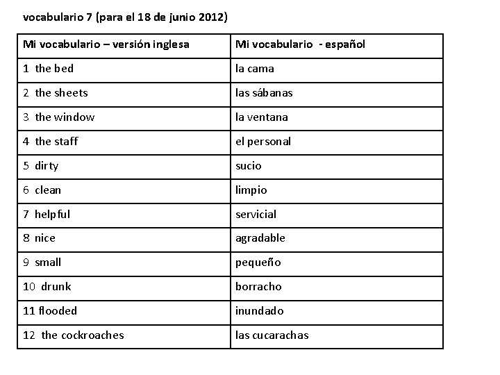 vocabulario 7 (para el 18 de junio 2012) Mi vocabulario – versión inglesa Mi