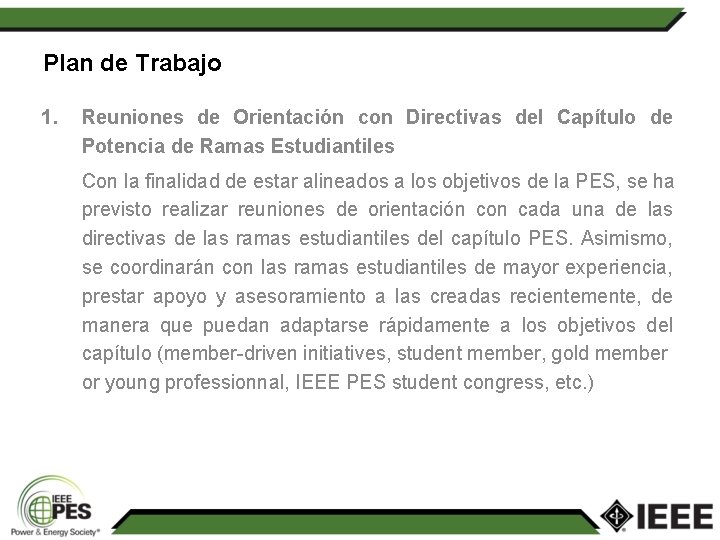 Plan de Trabajo 1. Reuniones de Orientación con Directivas del Capítulo de Potencia de