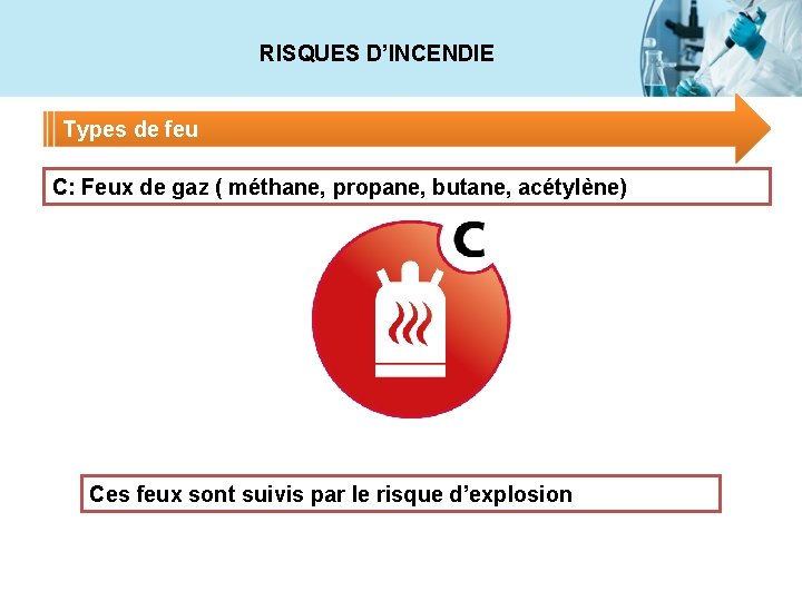 RISQUES D’INCENDIE Types de feu C: Feux de gaz ( méthane, propane, butane, acétylène)