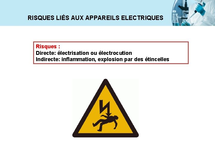 RISQUES LIÉS AUX APPAREILS ELECTRIQUES Risques : Directe: électrisation ou électrocution Indirecte: inflammation, explosion