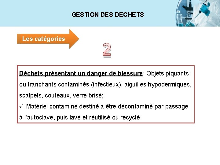 GESTION DES DECHETS Les catégories 2 Déchets présentant un danger de blessure: Objets piquants