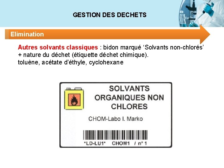 GESTION DES DECHETS Elimination Autres solvants classiques : bidon marqué ‘Solvants non-chlorés’ + nature