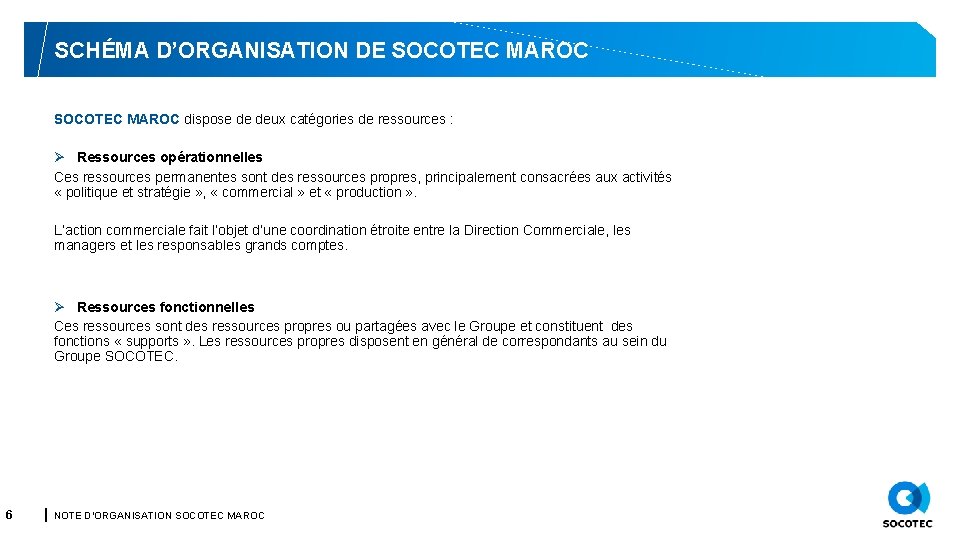 SCHÉMA D’ORGANISATION DE SOCOTEC MAROC dispose de deux catégories de ressources : Ø Ressources