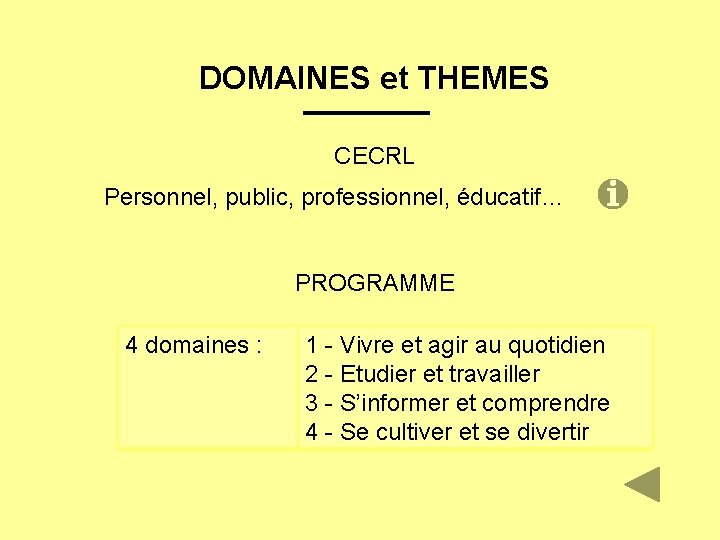 DOMAINES et THEMES CECRL Personnel, public, professionnel, éducatif… PROGRAMME 4 domaines : 1 -