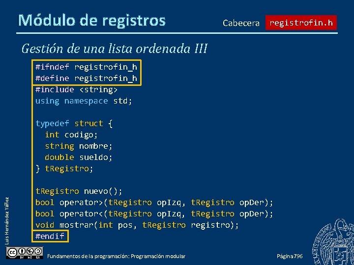 Módulo de registros Cabecera registrofin. h Gestión de una lista ordenada III #ifndef registrofin_h