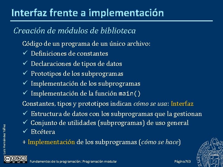Interfaz frente a implementación Creación de módulos de biblioteca Luis Hernández Yáñez Código de