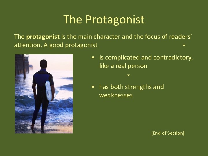 The Protagonist The protagonist is the main character and the focus of readers’ attention.