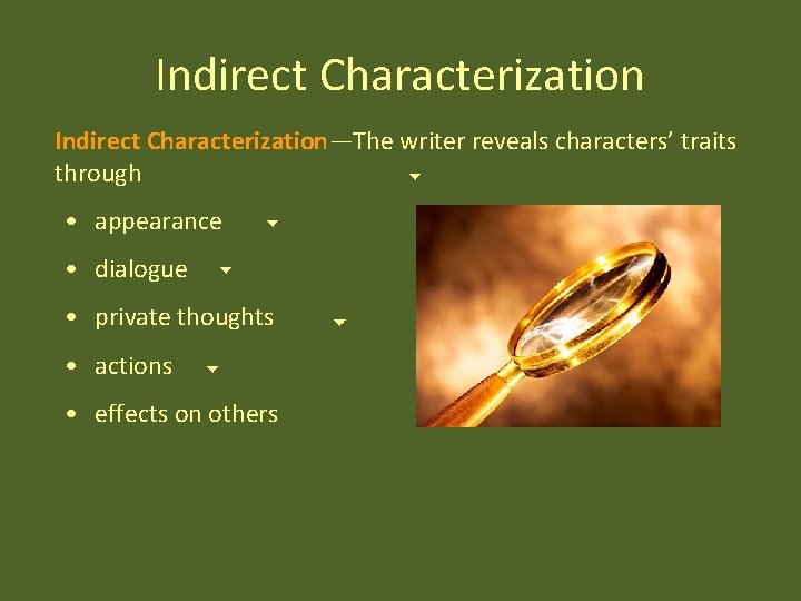 Indirect Characterization—The writer reveals characters’ traits through • appearance • dialogue • private thoughts