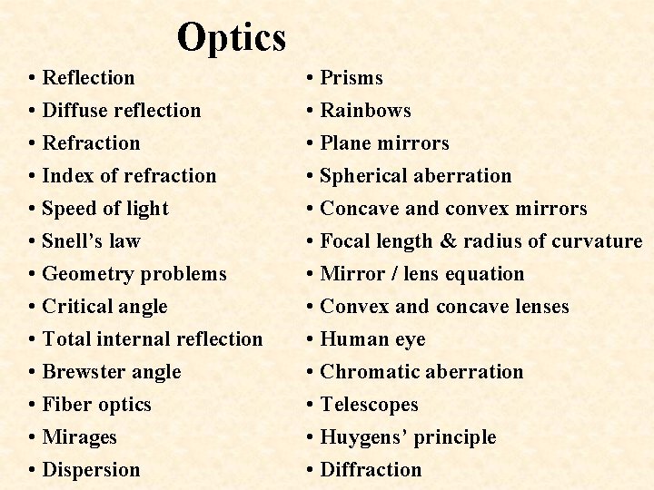 Optics • Reflection • Diffuse reflection • Refraction • Index of refraction • Speed
