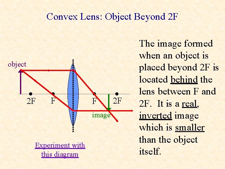 Convex Lens: Object Beyond 2 F object • 2 F • F image Experiment