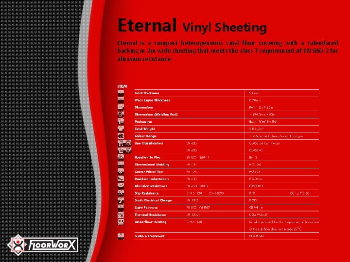 Eternal Vinyl Sheeting Eternal is a compact heterogeneous vinyl floor covering with a calendared