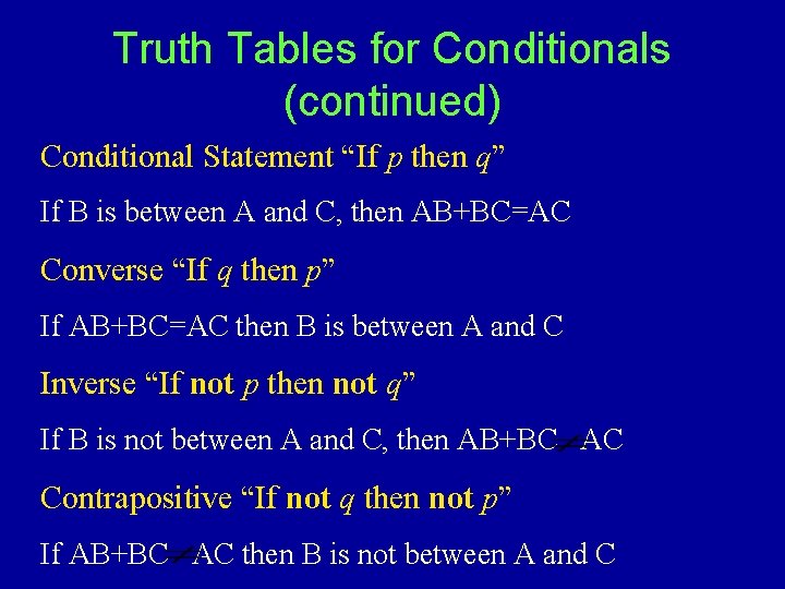 Truth Tables for Conditionals (continued) Conditional Statement “If p then q” If B is