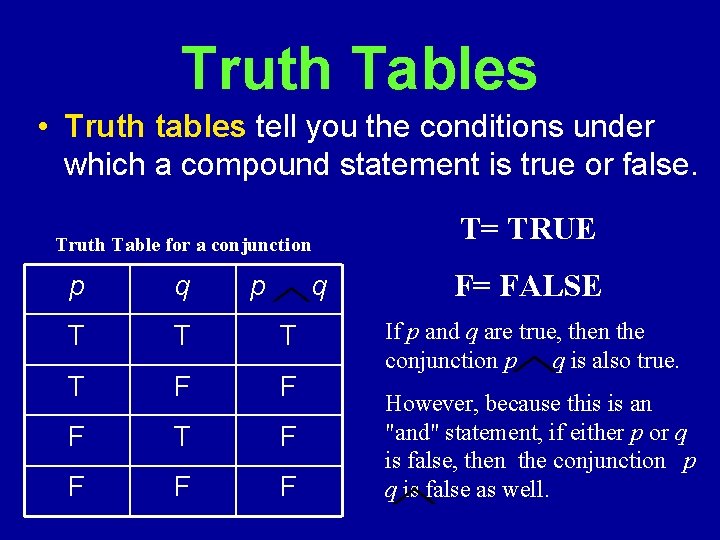 Truth Tables • Truth tables tell you the conditions under which a compound statement