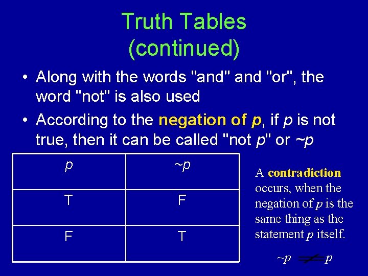 Truth Tables (continued) • Along with the words "and" and "or", the word "not"