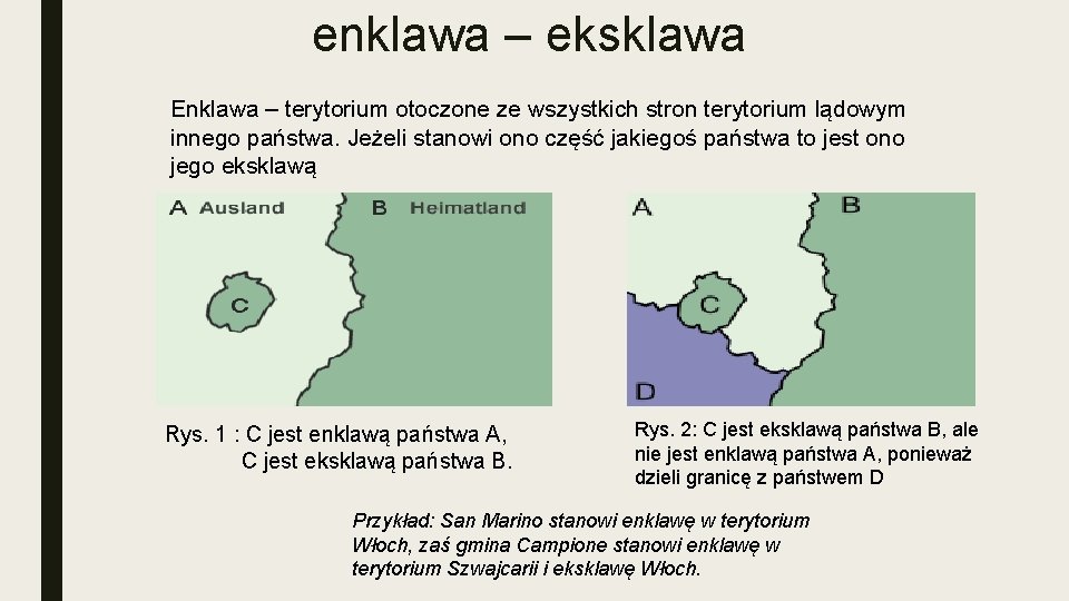 enklawa – eksklawa Enklawa – terytorium otoczone ze wszystkich stron terytorium lądowym innego państwa.