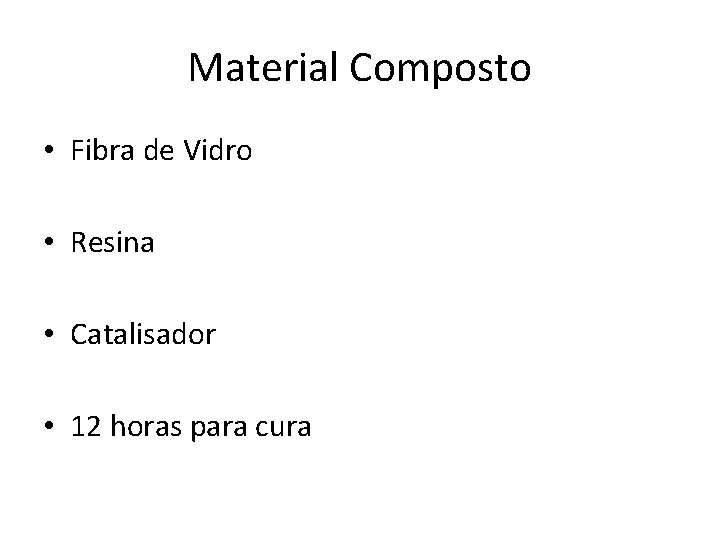 Material Composto • Fibra de Vidro • Resina • Catalisador • 12 horas para