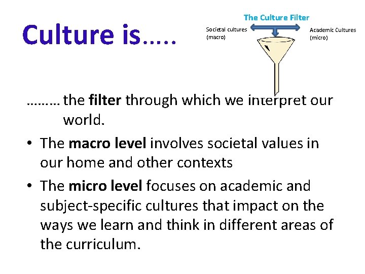 Culture is…. . The Culture Filter Societal cultures (macro) Academic Cultures (micro) ……… the