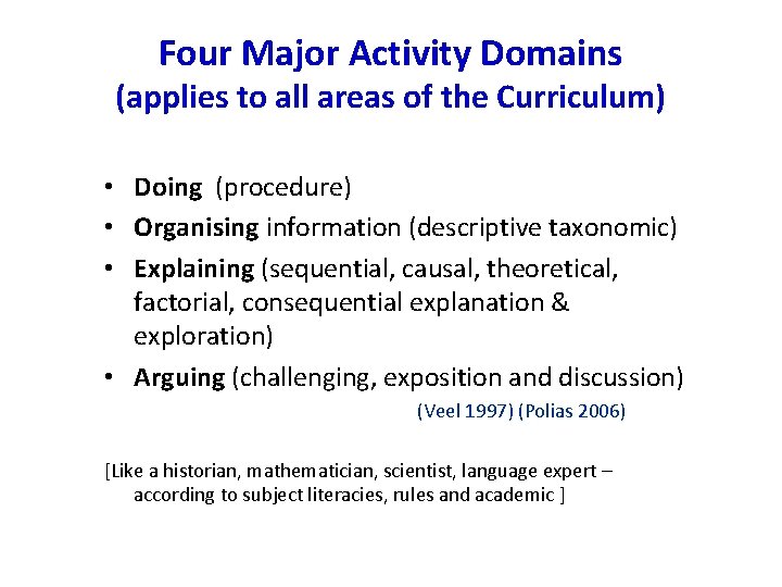 Four Major Activity Domains (applies to all areas of the Curriculum) • Doing (procedure)