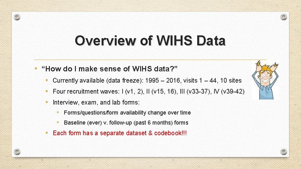 Overview of WIHS Data • “How do I make sense of WIHS data? ”