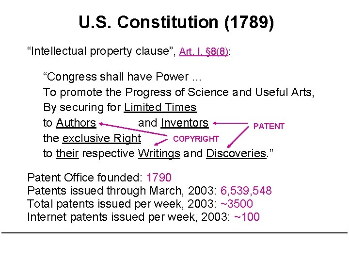 U. S. Constitution (1789) “Intellectual property clause”, Art. I, § 8(8): “Congress shall have