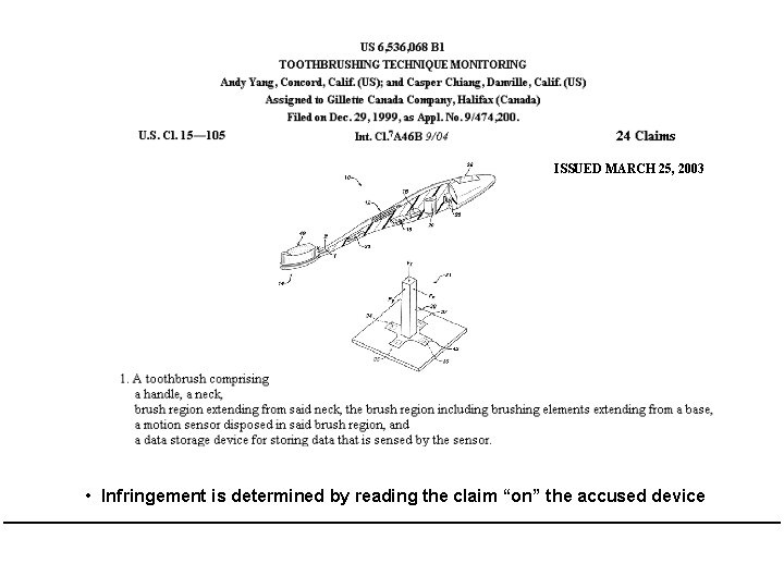 ISSUED MARCH 25, 2003 • Infringement is determined by reading the claim “on” the