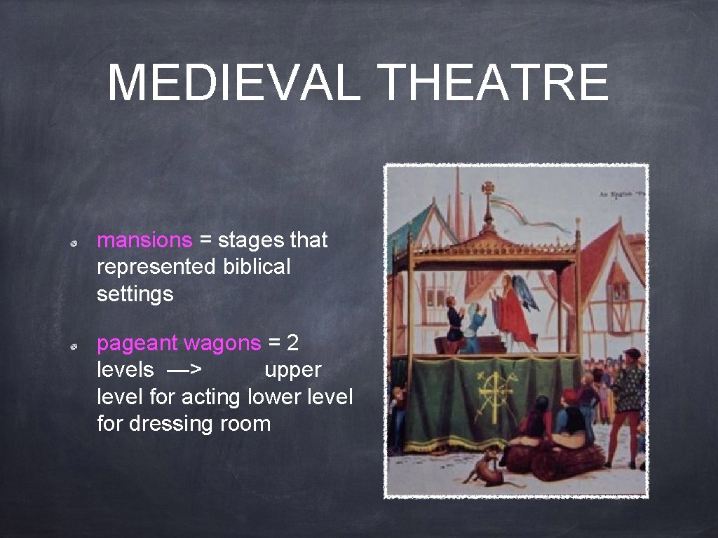 MEDIEVAL THEATRE mansions = stages that represented biblical settings pageant wagons = 2 levels