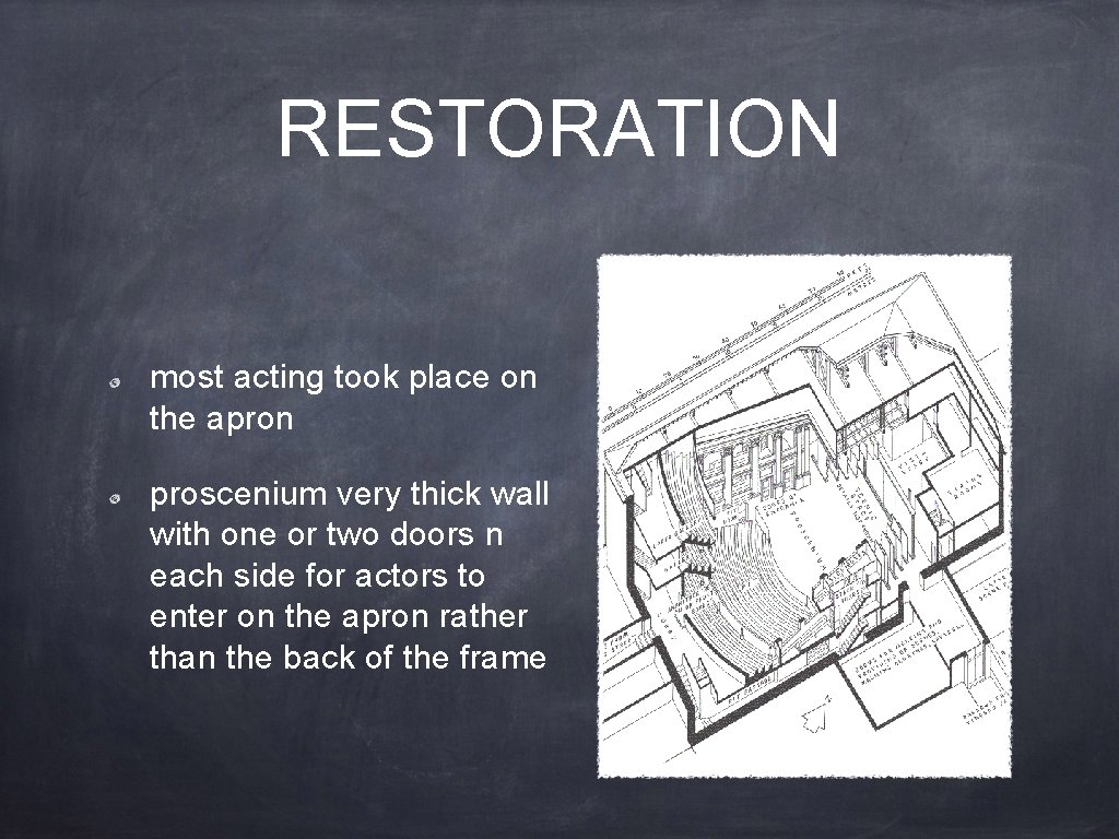 RESTORATION most acting took place on the apron proscenium very thick wall with one