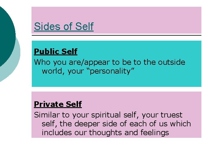 Sides of Self Public Self Who you are/appear to be to the outside world,