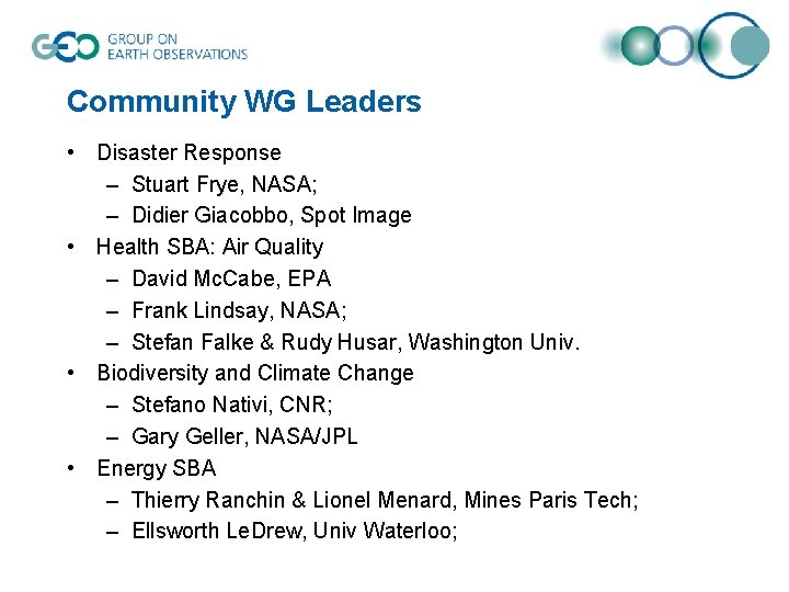 Community WG Leaders • Disaster Response – Stuart Frye, NASA; – Didier Giacobbo, Spot