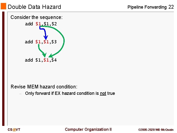 Double Data Hazard Pipeline Forwarding 22 Consider the sequence: add $1, $2 add $1,