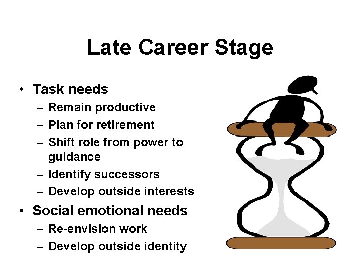 Late Career Stage • Task needs – Remain productive – Plan for retirement –