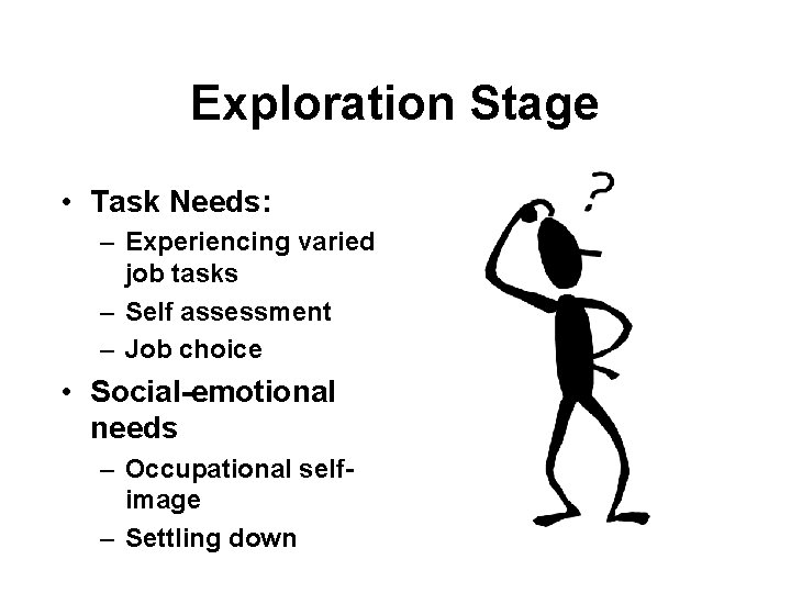 Exploration Stage • Task Needs: – Experiencing varied job tasks – Self assessment –