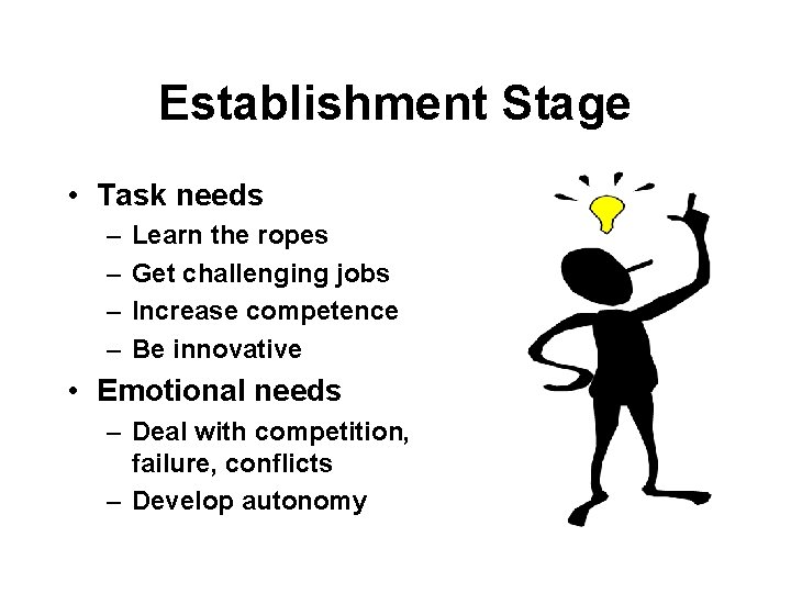 Establishment Stage • Task needs – – Learn the ropes Get challenging jobs Increase