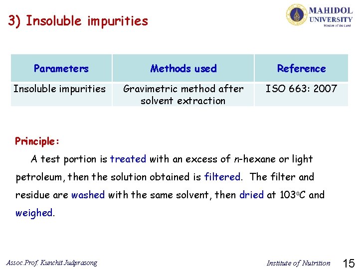 3) Insoluble impurities Parameters Methods used Reference Insoluble impurities Gravimetric method after solvent extraction
