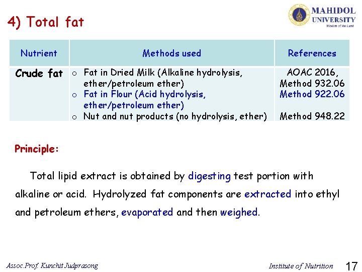 4) Total fat Nutrient Methods used Crude fat o Fat in Dried Milk (Alkaline