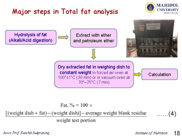 Major steps in Total fat analysis Hydrolysis of fat (Alkali/Acid digestion) Extract with ether