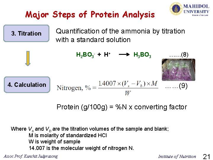 Major Steps of Protein Analysis 3. Titration Quantification of the ammonia by titration with