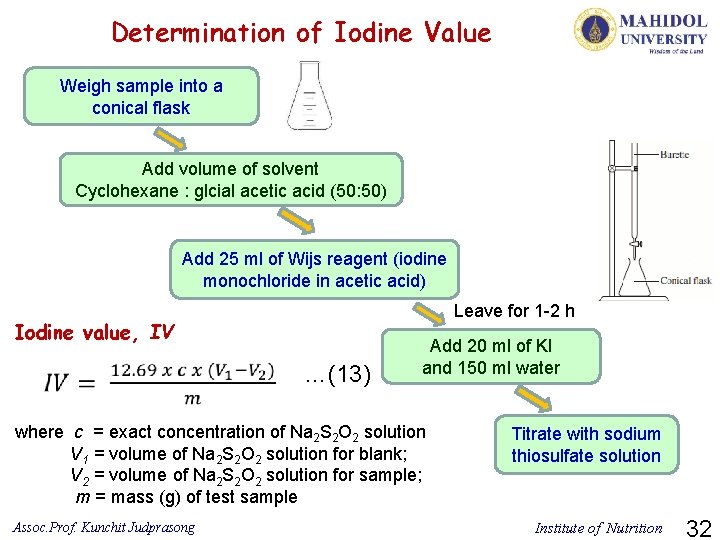 Determination of Iodine Value Weigh sample into a conical flask Add volume of solvent