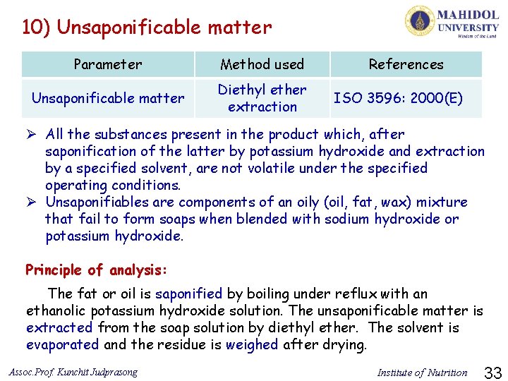 10) Unsaponificable matter Parameter Method used Unsaponificable matter Diethyl ether extraction References ISO 3596: