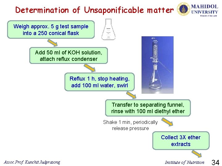 Determination of Unsaponificable matter Weigh approx. 5 g test sample into a 250 conical